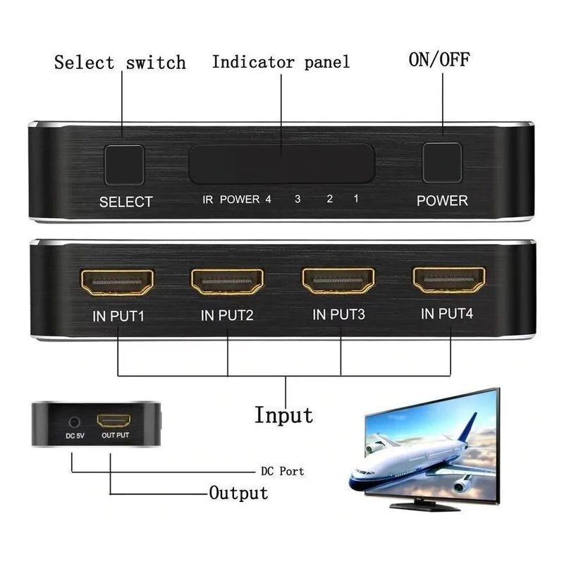 Chaveador Switch Hub Hdmi 4x1 4k Com Fonte Controle Remoto