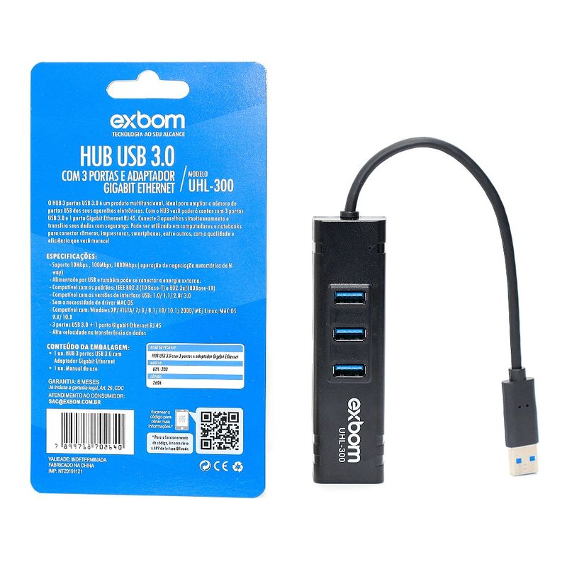 Hub Usb 3 Portas 3.0 + Porta Rj45 Ethernet Giga - 6033