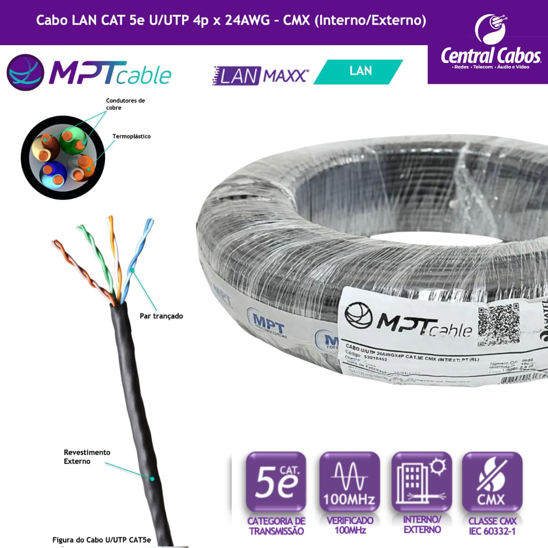 Cabo de rede cat5e cmx preto rl 100m (int/ext) - Central Cabos