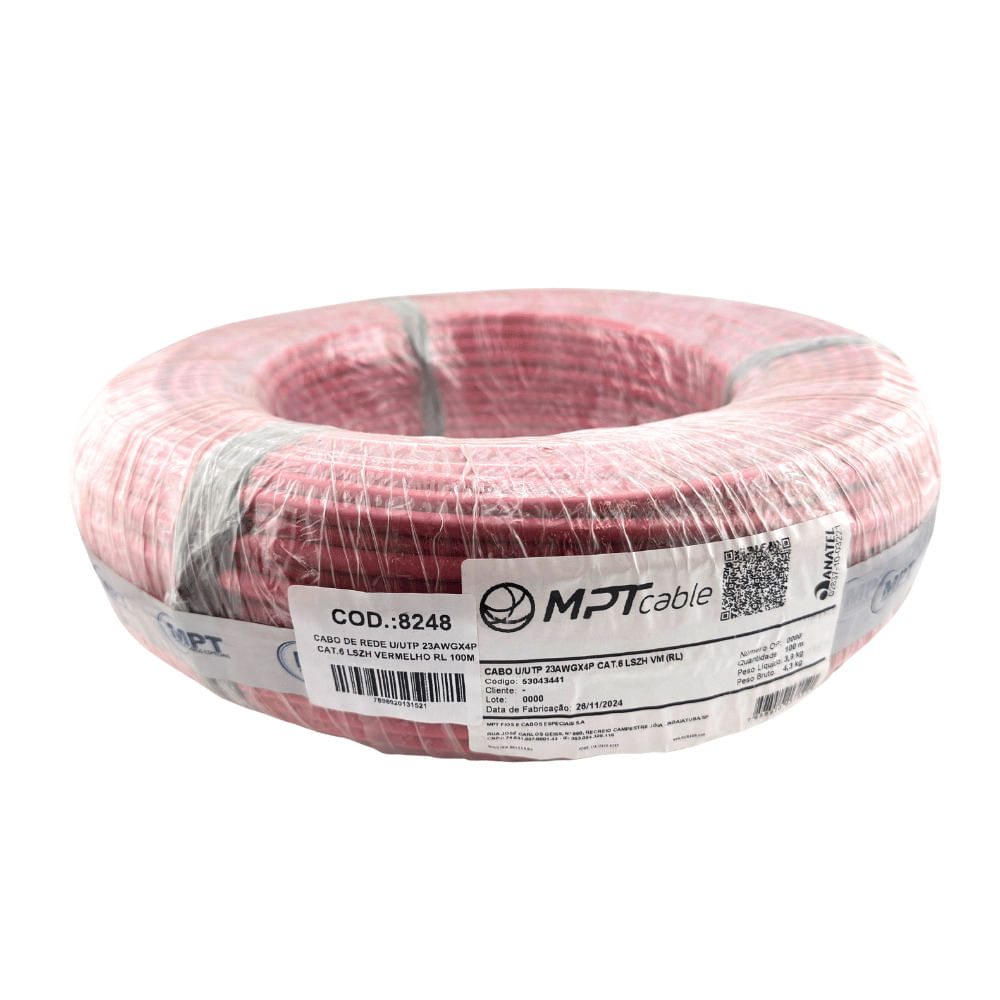 Cabo de rede u/utp 23awgx4p cat6 lszh vermelho rolo 100m - Central