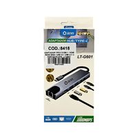 Adaptador Hub Type-C 6 em 1 — HDMI 4K / Rede Giga / USB 3.0 / USB 2.0 / 2x USB-C PD 87W - 8418