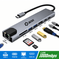 Hub USB-C 8 em 1 HDMI 4K RJ45 Gigabit USB 3.0 SD TF PD 87W LT-TP801 - 8552