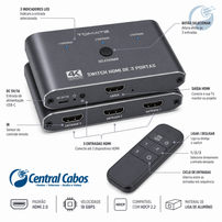 Switch HDMI 4K 60Hz 3 Entradas 1 Saída com Controle Remoto Tomate MTV-757 - 8565
