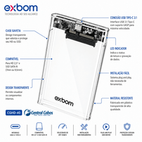 Case Gaveta para HD e SSD 2,5" SATA III USB-C 3.1 Transparente Exbom CGHD-40 - 8580