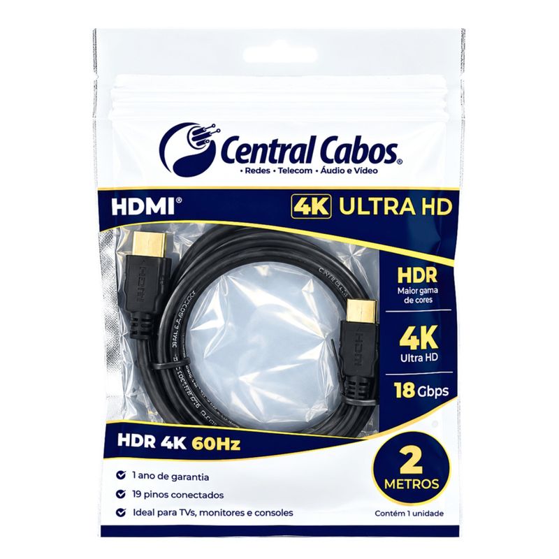 Cabo hdmi 2.0 - 4k hdr 19p - 30awg - 2m