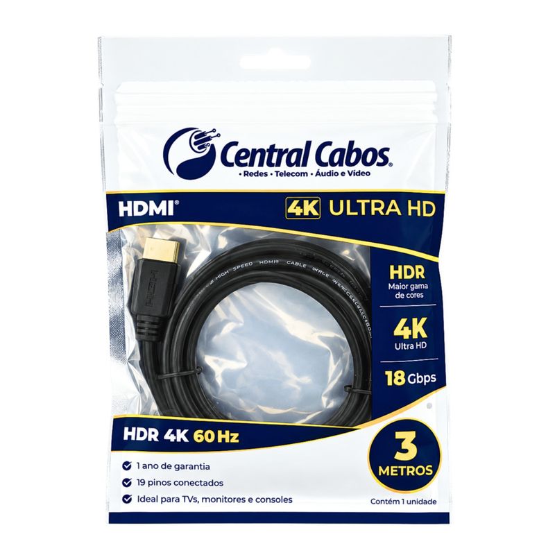 Cabo hdmi 2.0 - 4k hdr 19p - 30awg - 3m