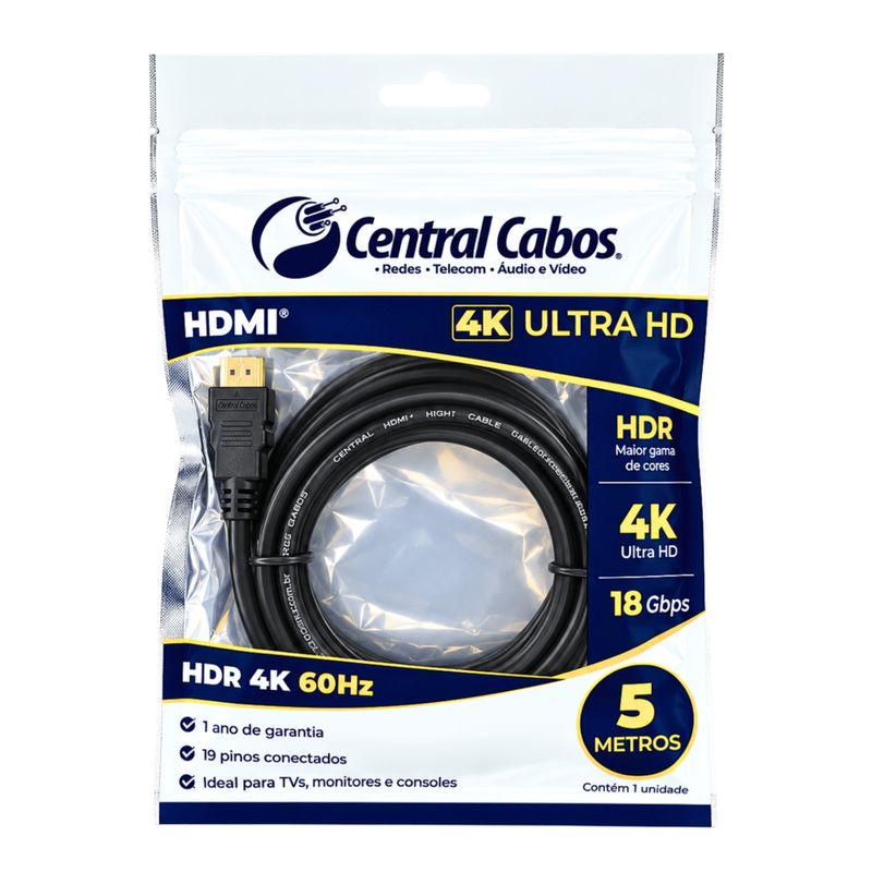 Cabo hdmi 2.0 - 4k hdr 19p - 30awg - 5m