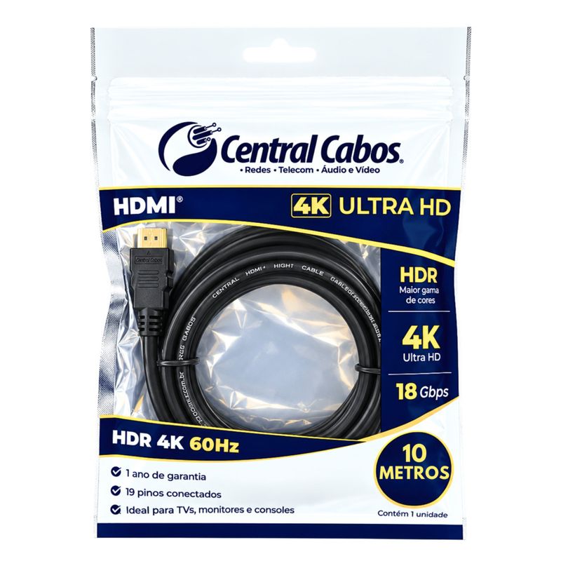 Cabo hdmi 2.0 - 4k hdr 19p - 28awg - 10m