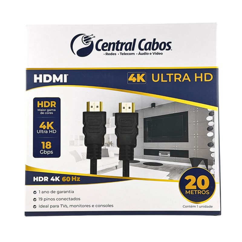 Cabo hdmi 2.0 - 4k hdr 19p - 26awg - 20m
